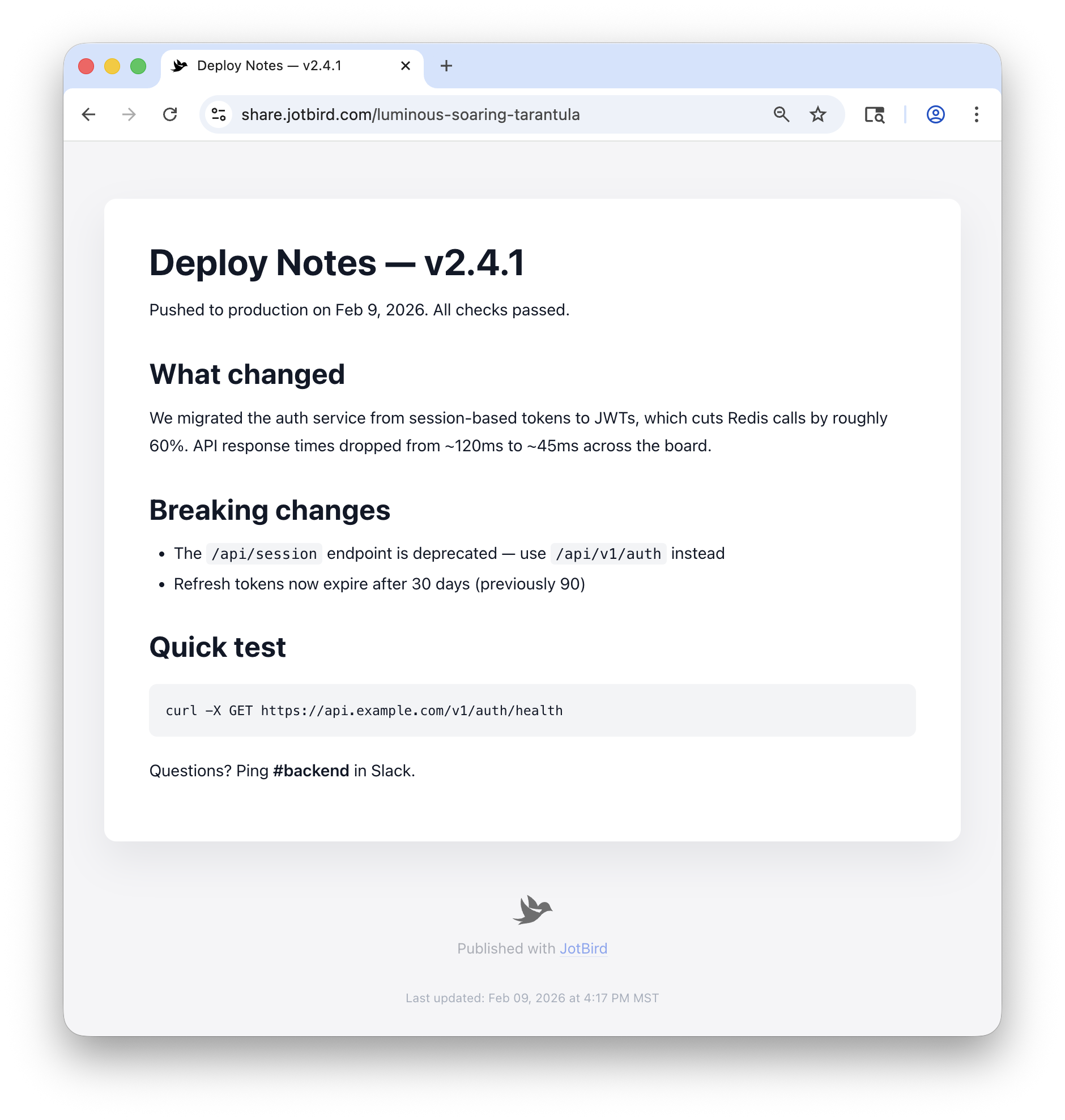 Example of a published JotBird page showing rendered Markdown with headings, lists, and code blocks