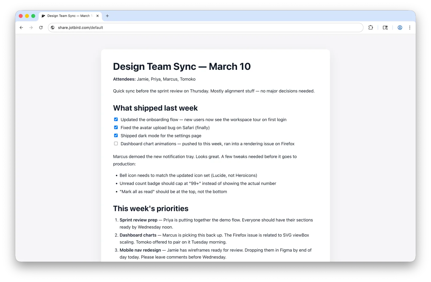 Default theme showing a design team sync document with task lists and priorities