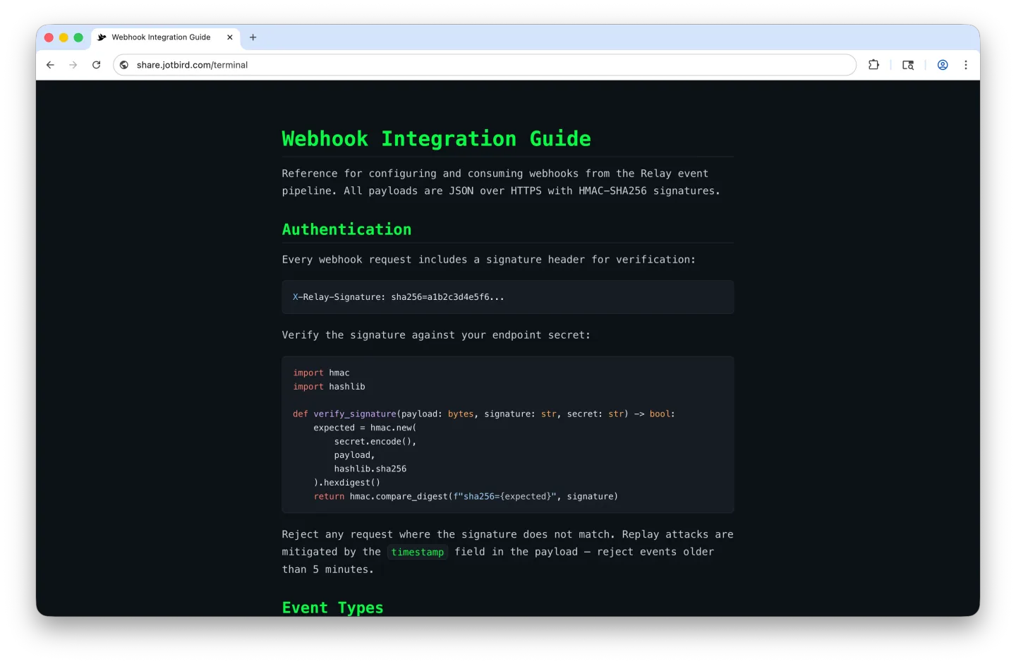 Terminal theme showing a webhook integration guide with syntax-highlighted code blocks on a dark background