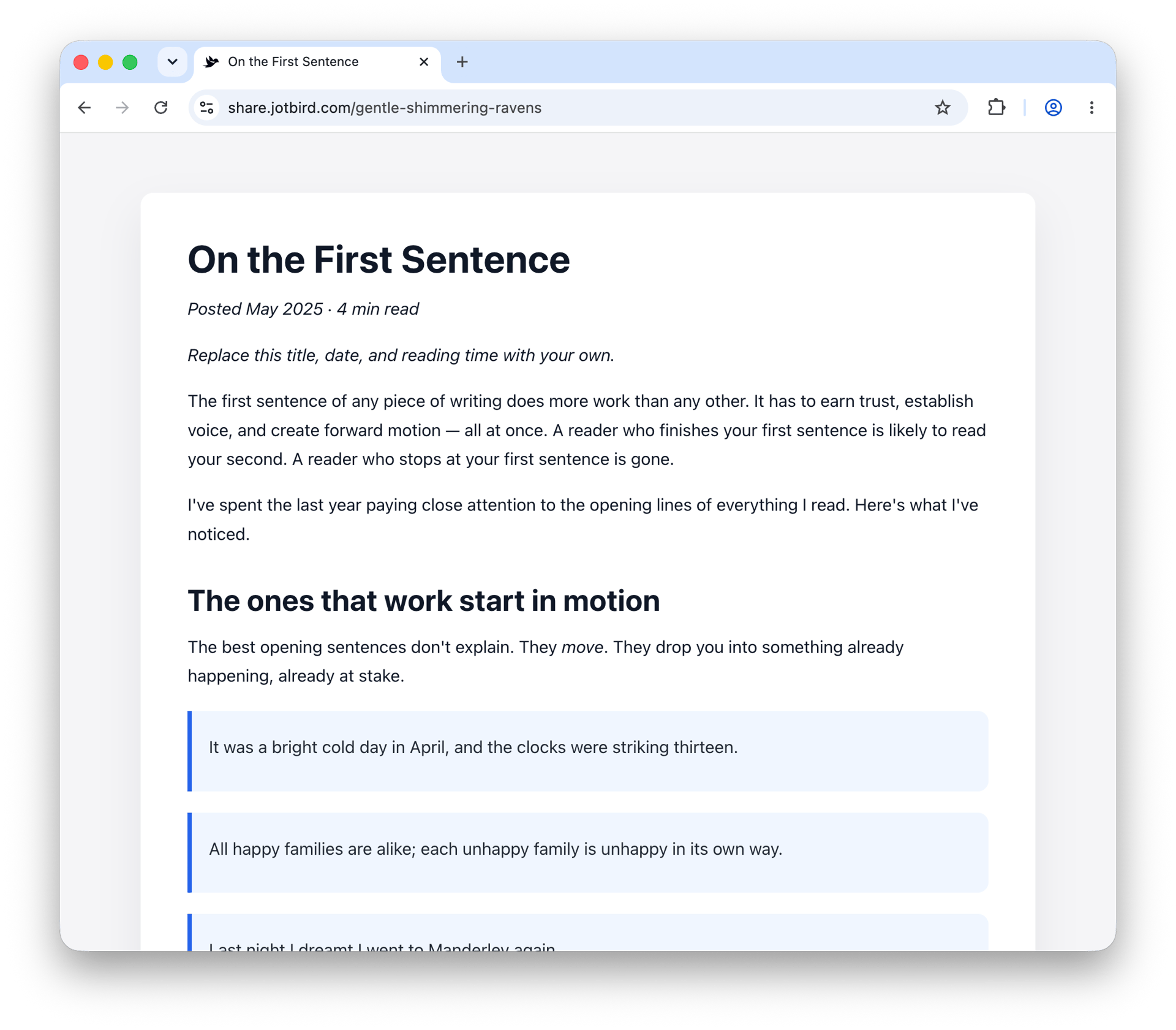 Blog Post template rendered as a published JotBird page