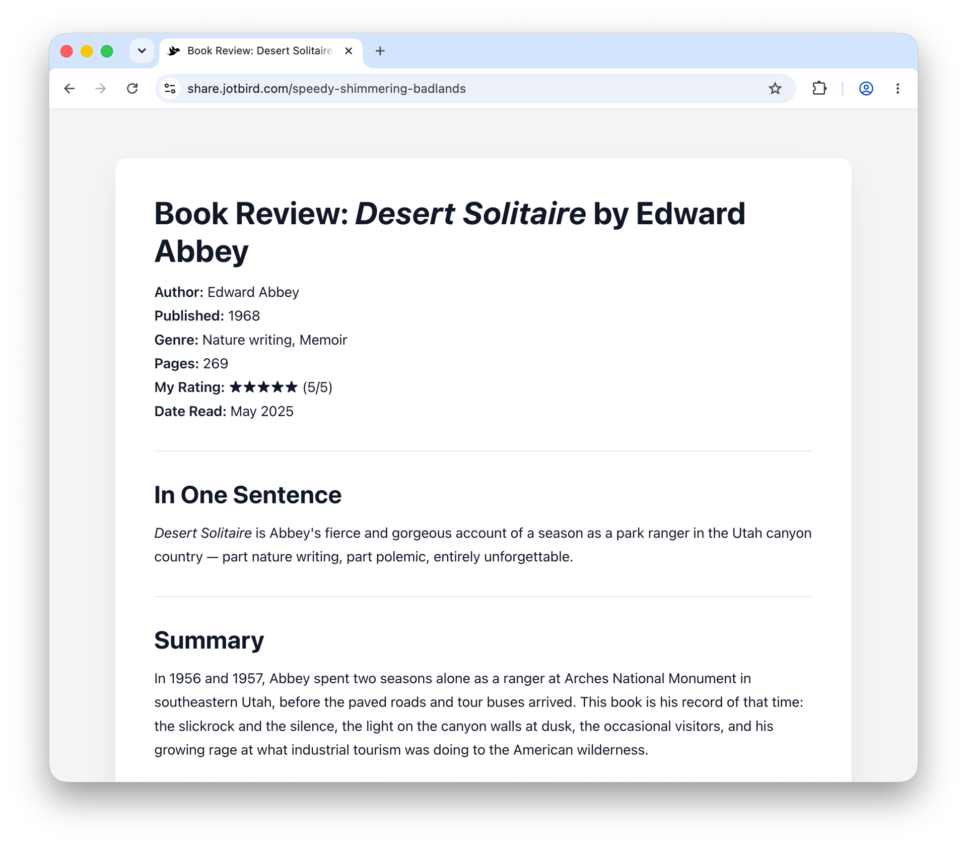 Book Review template rendered as a published JotBird page