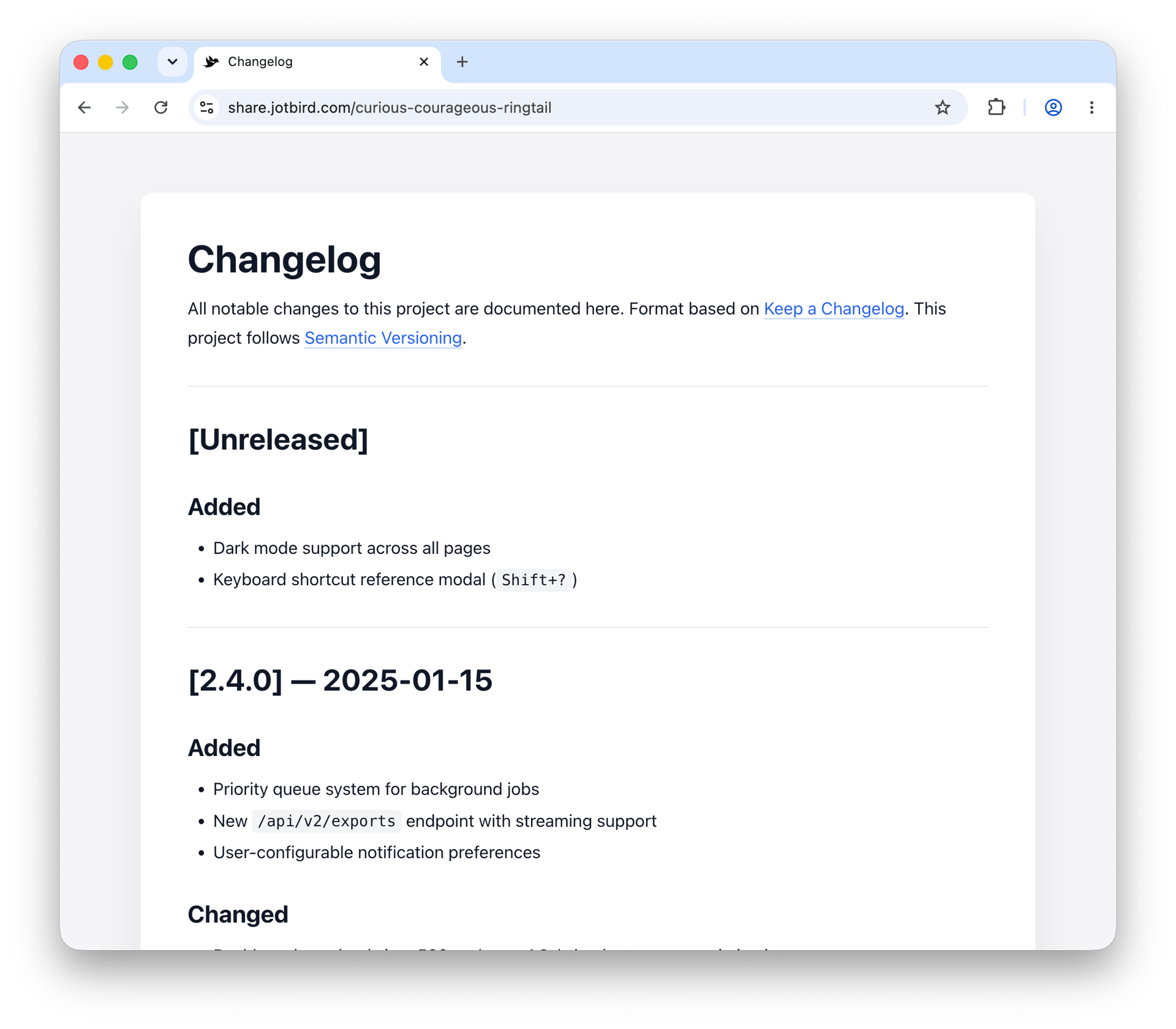 Changelog template rendered as a published JotBird page