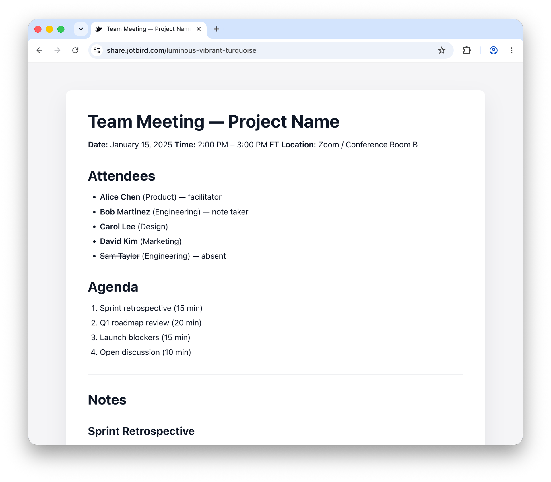 Meeting Notes template rendered as a published JotBird page