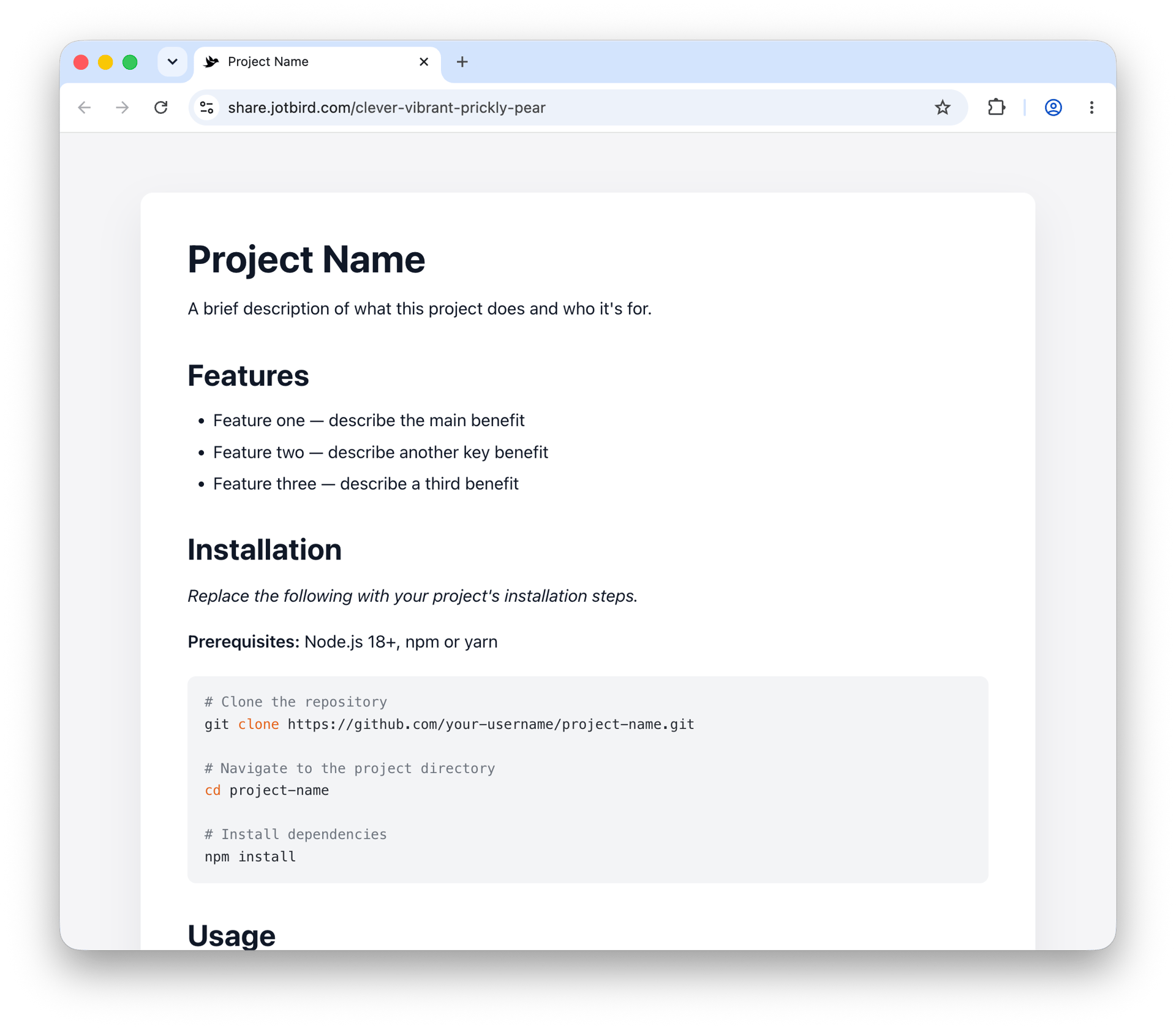 README template rendered as a published JotBird page
