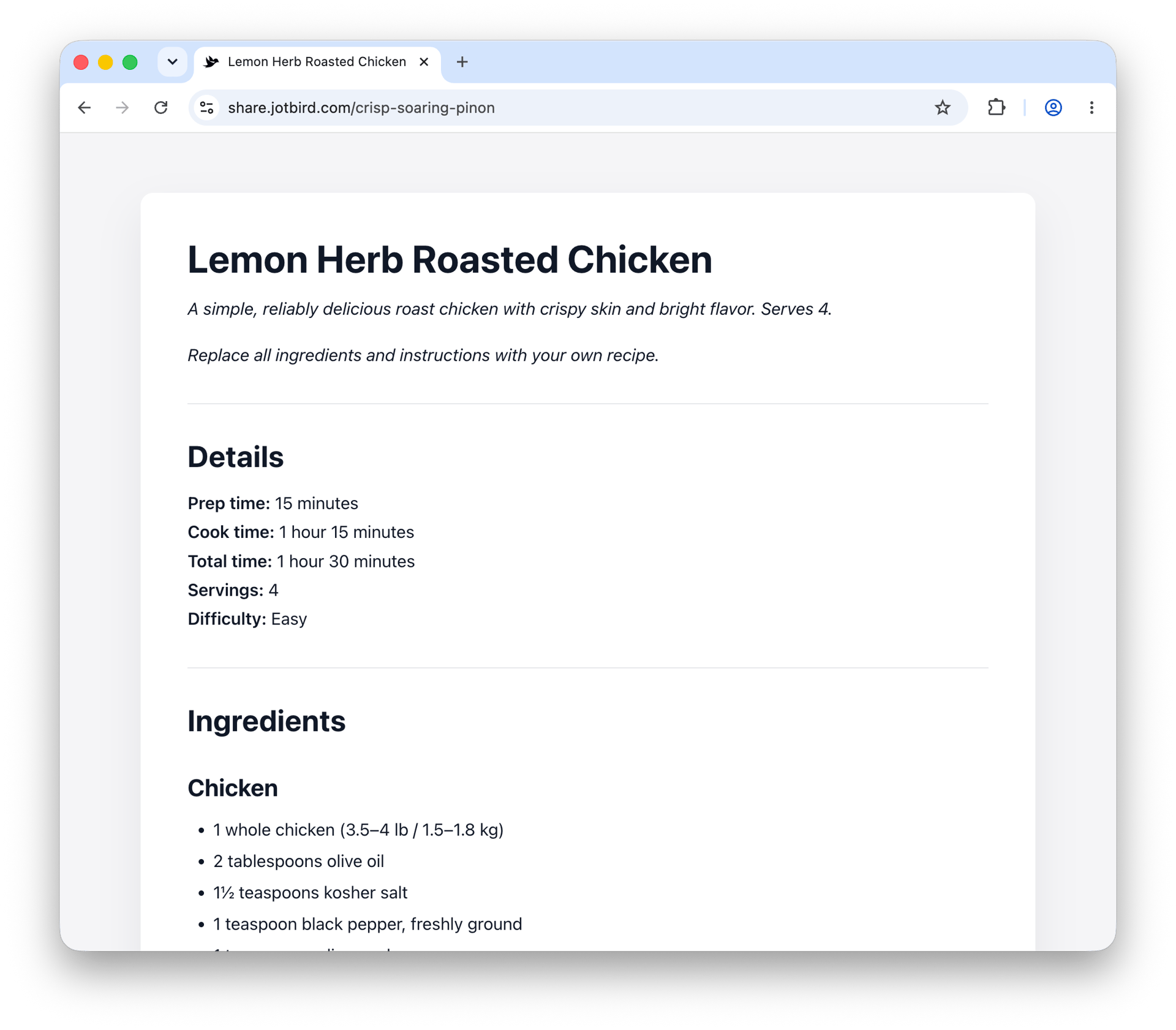 Recipe template rendered as a published JotBird page