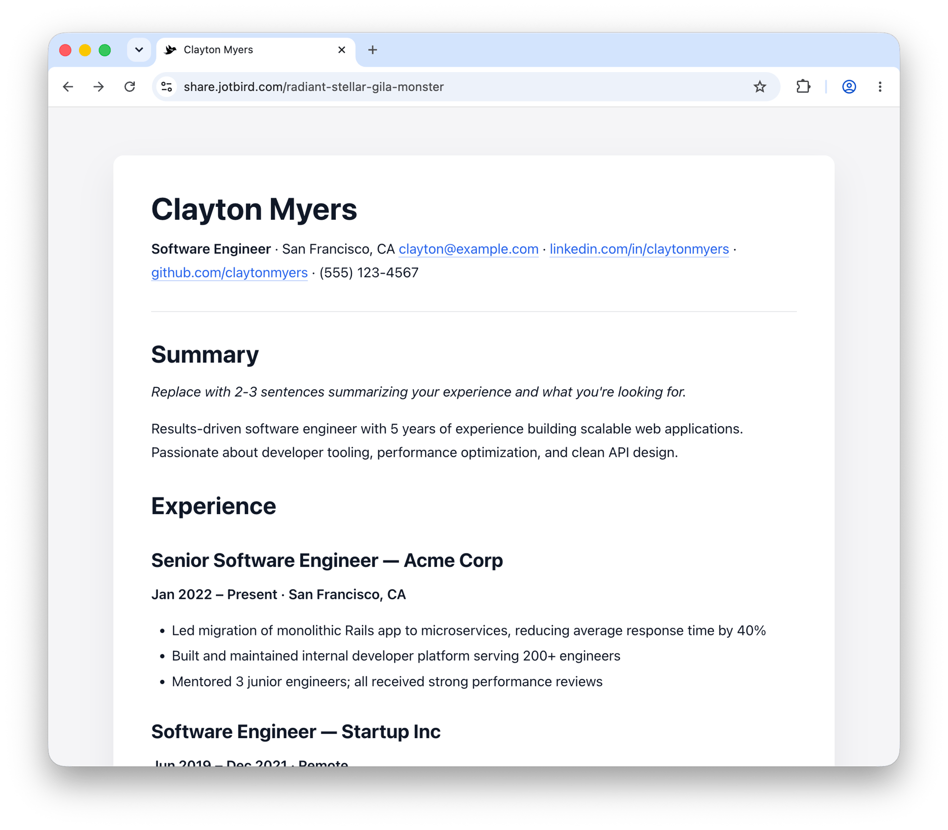 Resume / CV template rendered as a published JotBird page
