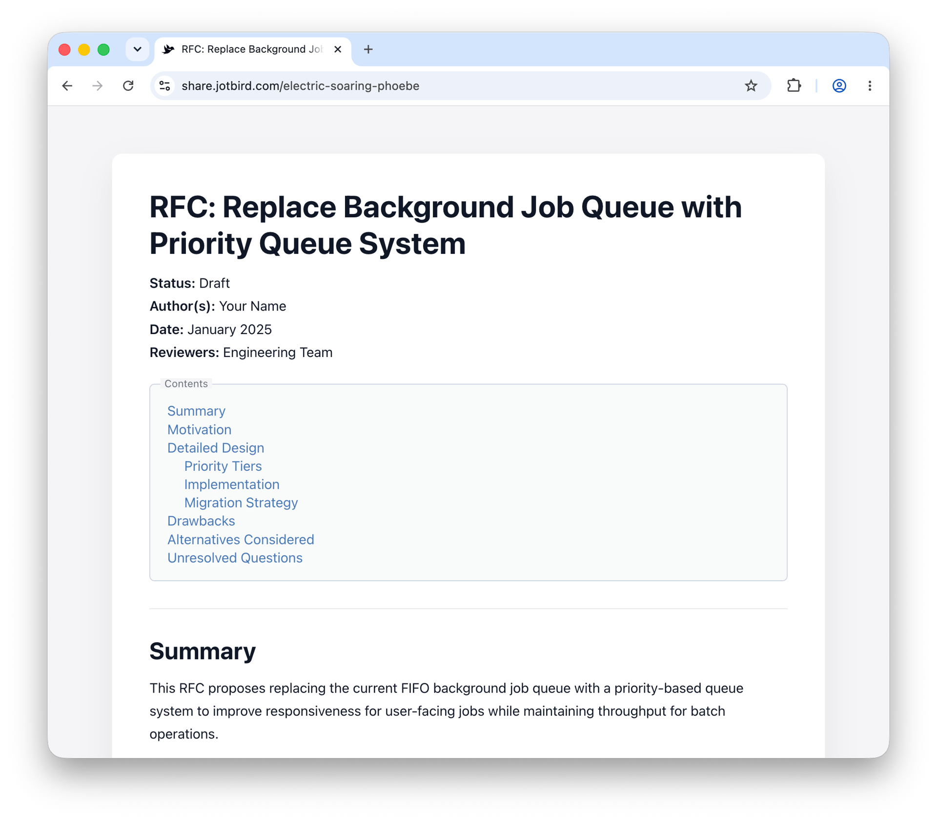 Technical Proposal template rendered as a published JotBird page