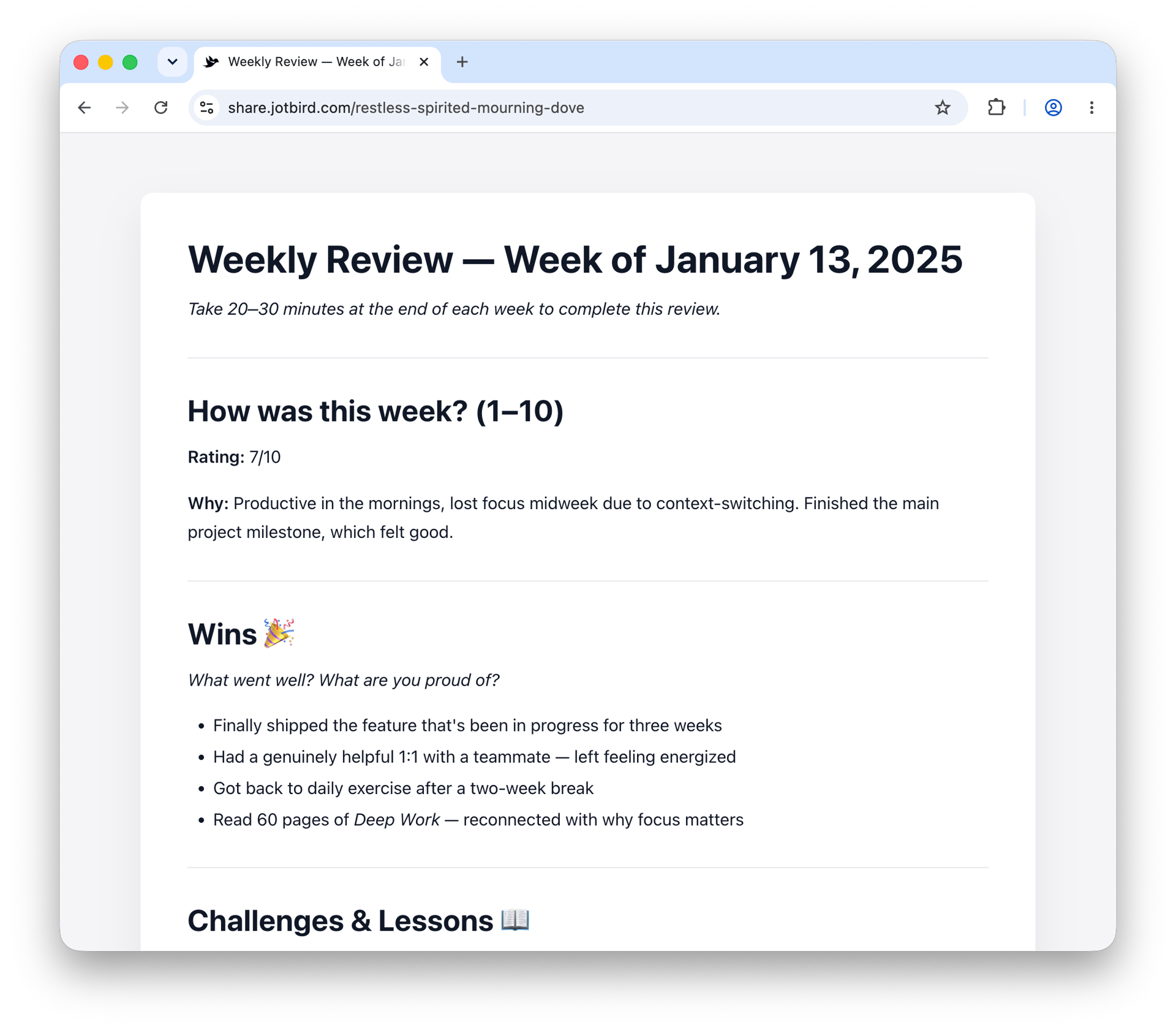Weekly Review template rendered as a published JotBird page