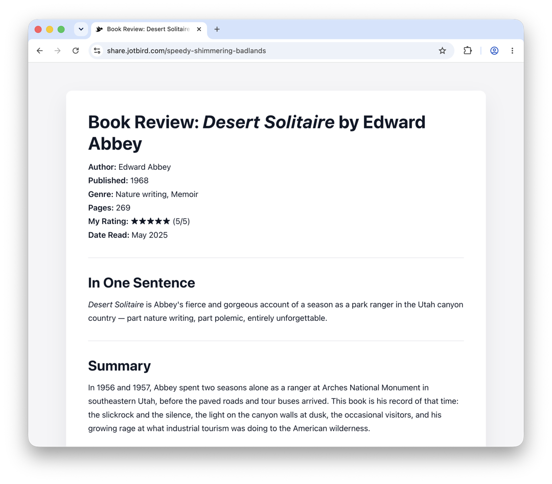 Book Review template rendered as a published JotBird page