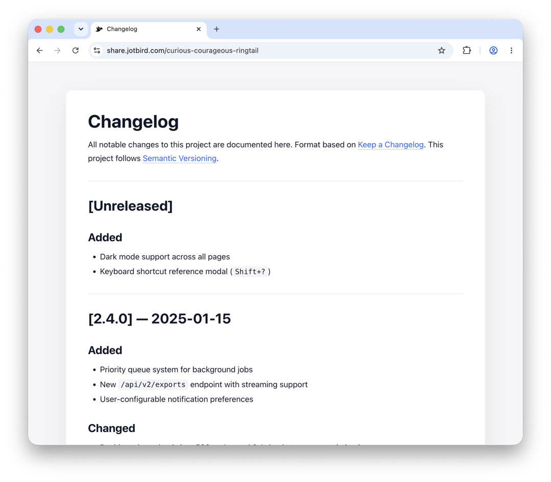 Changelog template rendered as a published JotBird page