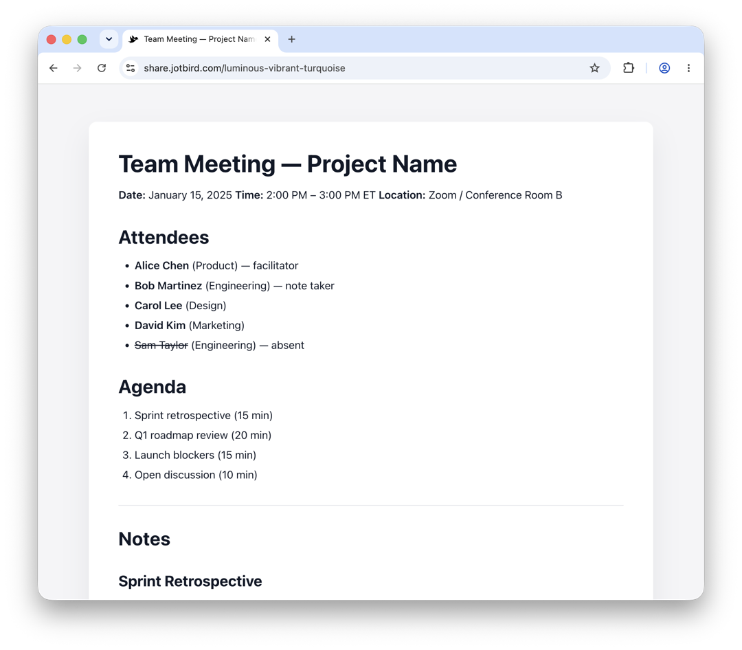 Meeting Notes template rendered as a published JotBird page