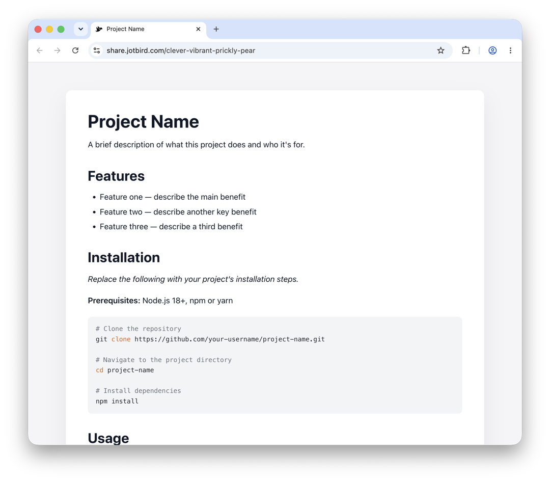 README template rendered as a published JotBird page