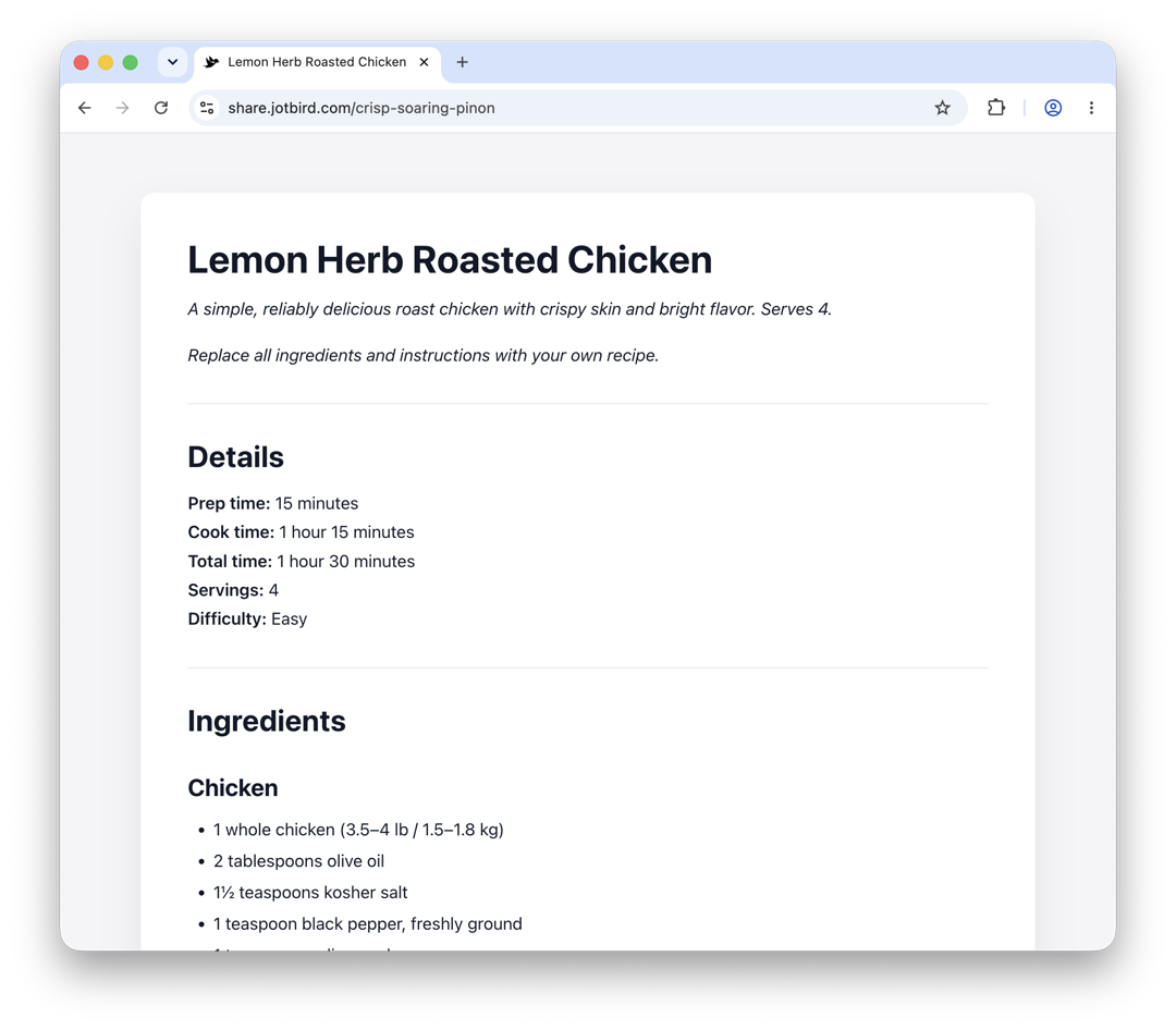 Recipe template rendered as a published JotBird page