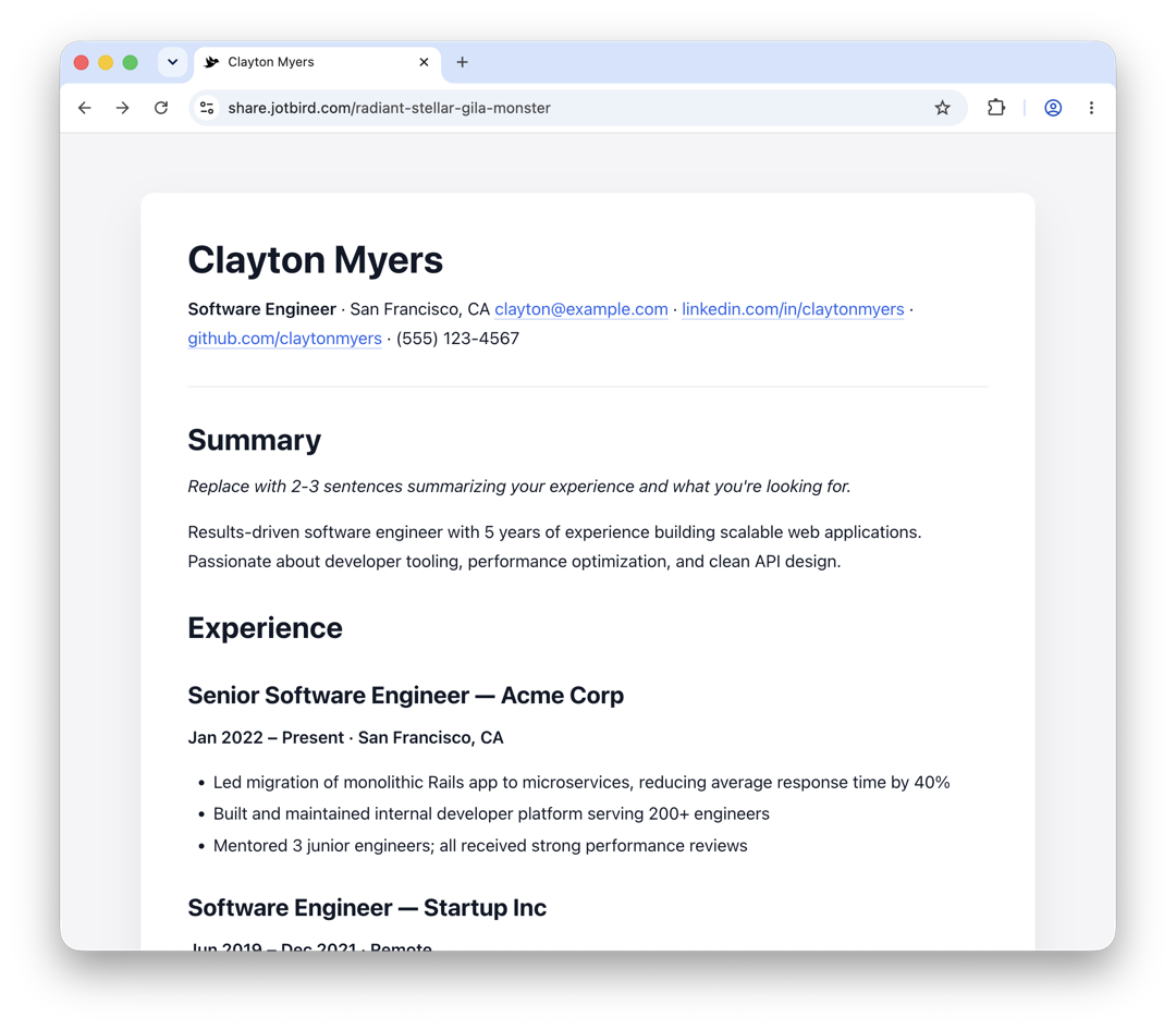 Resume / CV template rendered as a published JotBird page