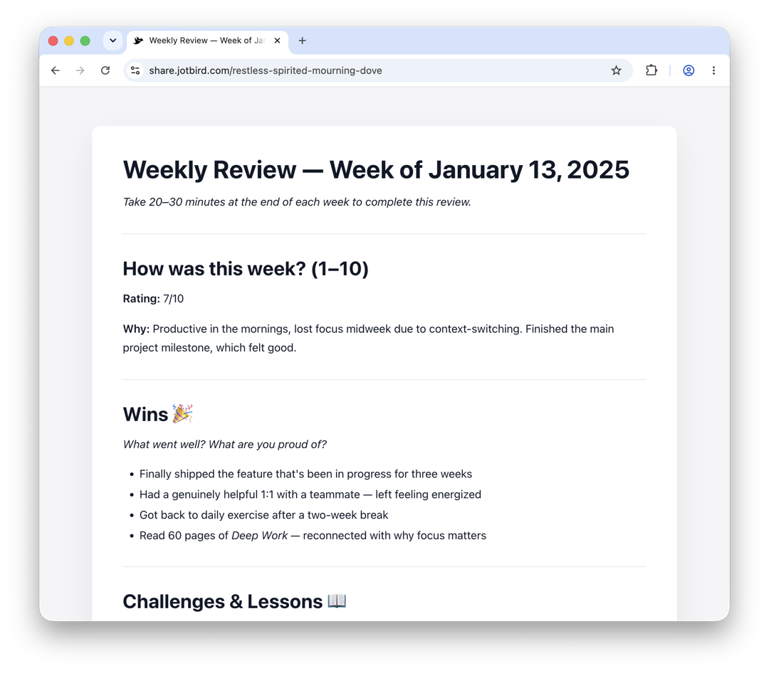 Weekly Review template rendered as a published JotBird page